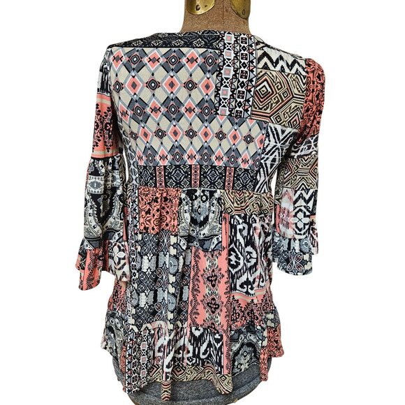 Pomelo Tunic Top Womens Size L Boho Patchwork Bell Sleeve Lightweight Flowy USA - Picture 5 of 10